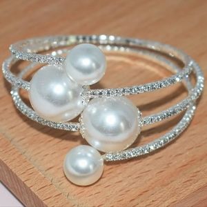 New Trendy Rhinestone Pearl Silver Bangle